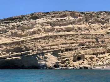 Scenic view of sea and rocks against clear blue sky