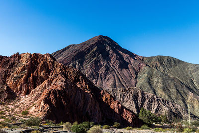 Scenic view of mountains against clear blue sky