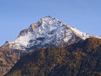 Low angle view of snowcapped mountain against clear sky