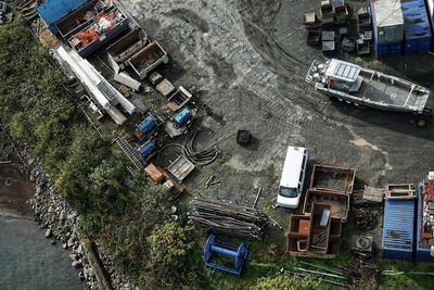 High angle view of road by buildings in city