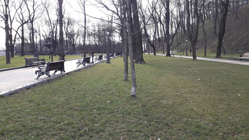 View of park bench on field