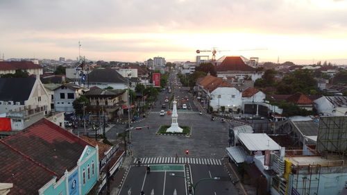 High angle view of townscape against sky during sunset