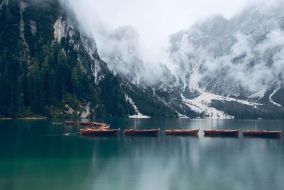 Scenic view of lake and snowcapped mountains