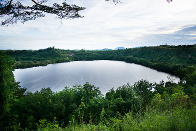 Scenic view of lake against cloudy sky