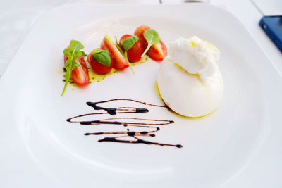 Burrata with tomatoes and basil on the plate