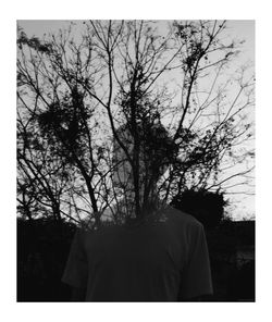 Rear view of silhouette man by bare tree against sky