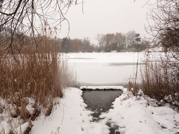 Frozen lake against clear sky during winter