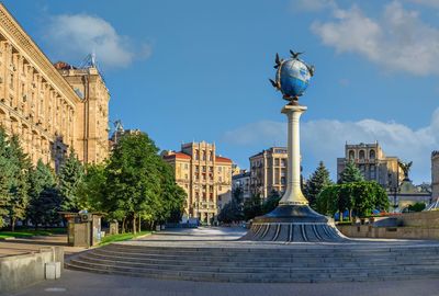 Zero kilometer sign in the form of a globe on the maidan nazalezhnosti in kyiv, ukraine