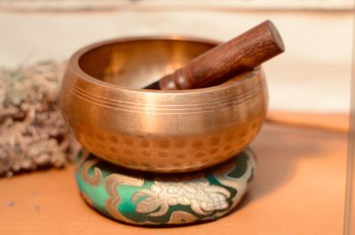 Close-up of mortar and pestle on table