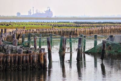 Wooden posts in river against sky