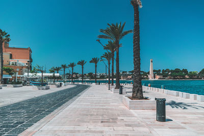 Palm trees by swimming pool against blue sky