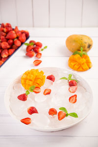 High angle view of fruits in plate