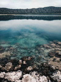 Scenic view of lake and rocks against sky