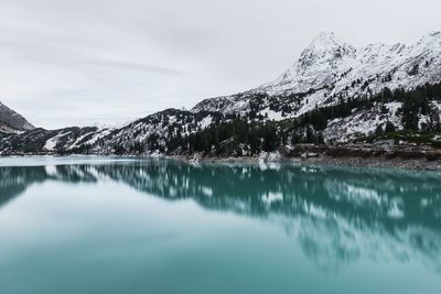 Scenic view of lake and snowcapped mountains against sky