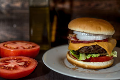 Close-up of burger in plate on table