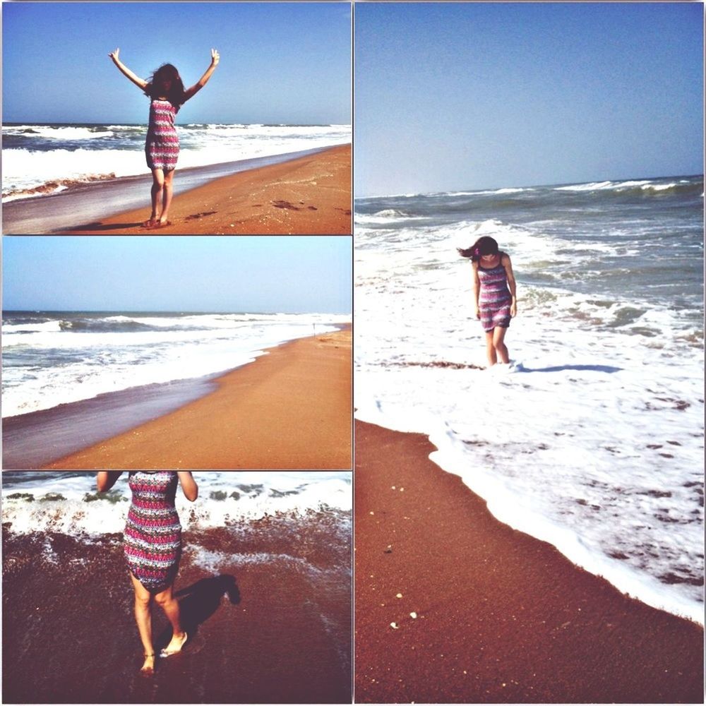 beach, full length, sea, lifestyles, leisure activity, water, shore, jumping, horizon over water, sand, enjoyment, mid-air, vacations, fun, clear sky, casual clothing, childhood, wave