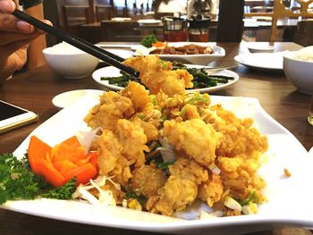 Close-up of served food in restaurant