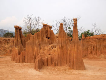 View of rock formation on field against sky