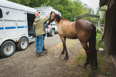 Senior man touching horse by horse trailer on road