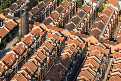 High angle view of roof and buildings in city