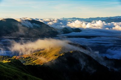 Scenic view of mountains against sky during sunset