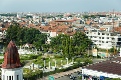 High angle view of cityscape against sky