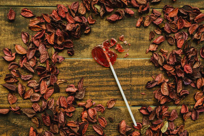 High angle view of dry leaves on table