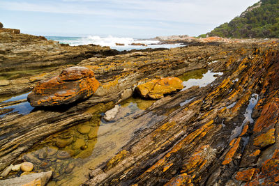 Scenic view of rocks on beach against sky