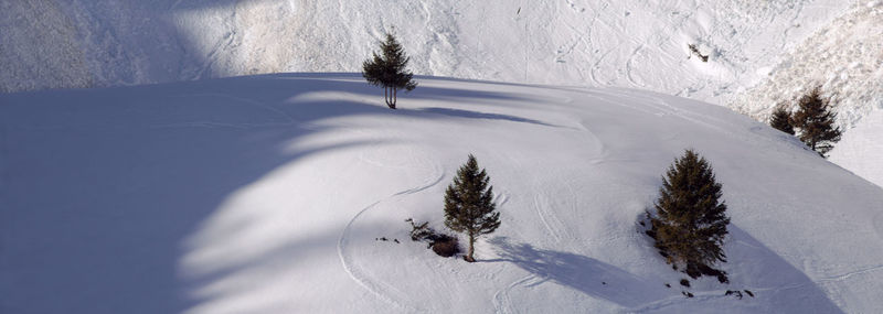 High angle view of snow on field during winter
