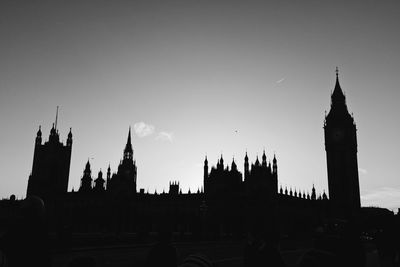 Silhouette of clock tower in city