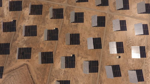 Aerial view of solar panels in desert