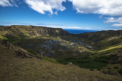 Scenic view of the volcanic lake landscape in easter island 