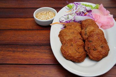 High angle view of meal served on table