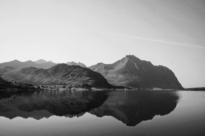 Scenic view of lake and mountains against clear sky