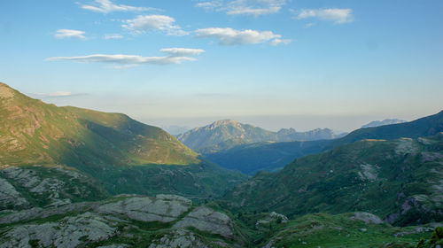 Scenic view of mountains against cloudy sky