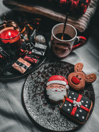 High angle view of dessert on table