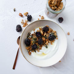 Directly above shot of breakfast served on table