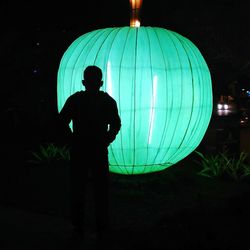 Rear view of silhouette man standing against illuminated light at night
