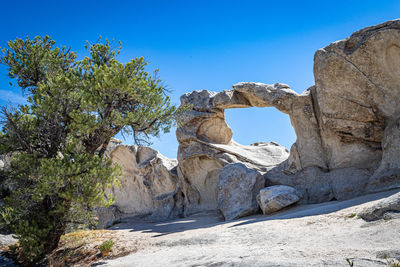 Rock formation amidst trees against clear blue sky