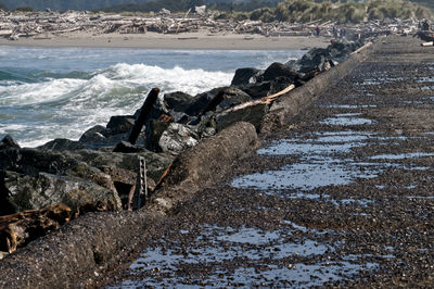 High angle view of waves splashing at beach