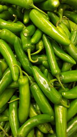 Full frame shot of green chili peppers at market