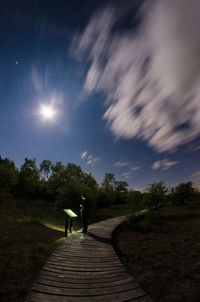 Rear view of two people walking on street at night