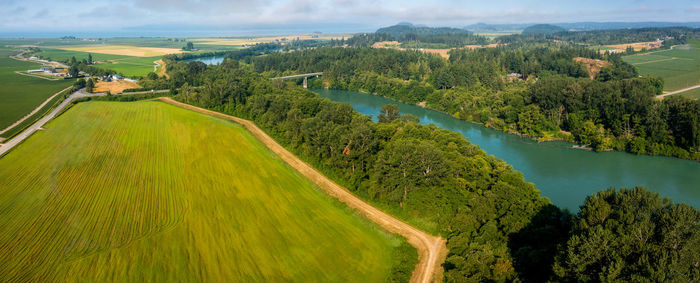 High angle view of trees on landscape against sky