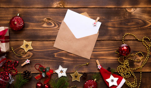 High angle view of christmas decorations on table