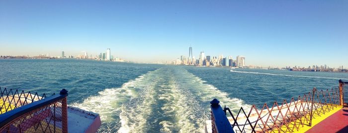 Panoramic view of calm sea against clear blue sky