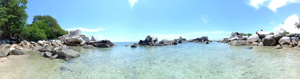 Panoramic shot of rocks on sea against sky