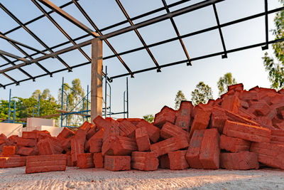 Stack of roof against clear sky