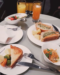 High angle view of breakfast served on table