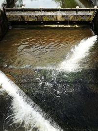 High angle view of river flowing through dam
