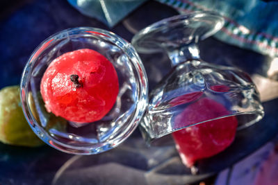 High angle view of fruits in glass on table